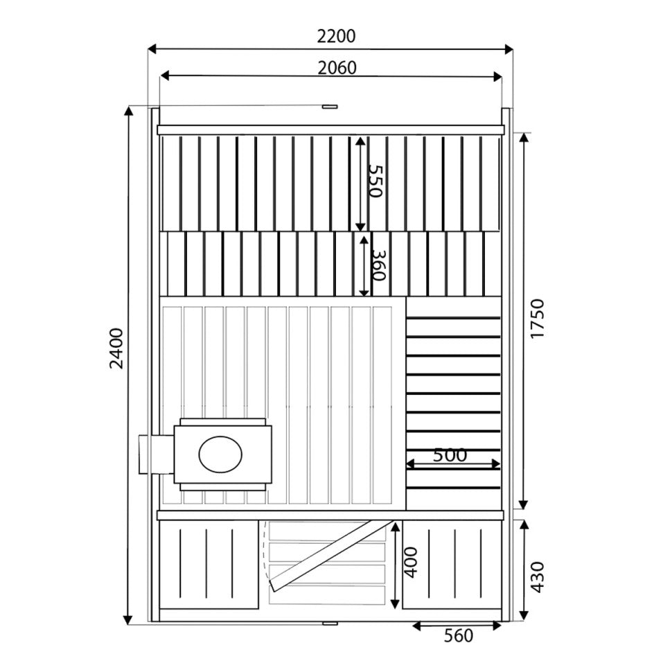 Cube Sauna 240cm with Electric Stove - Compact 4-6 Person Double Bench Layout