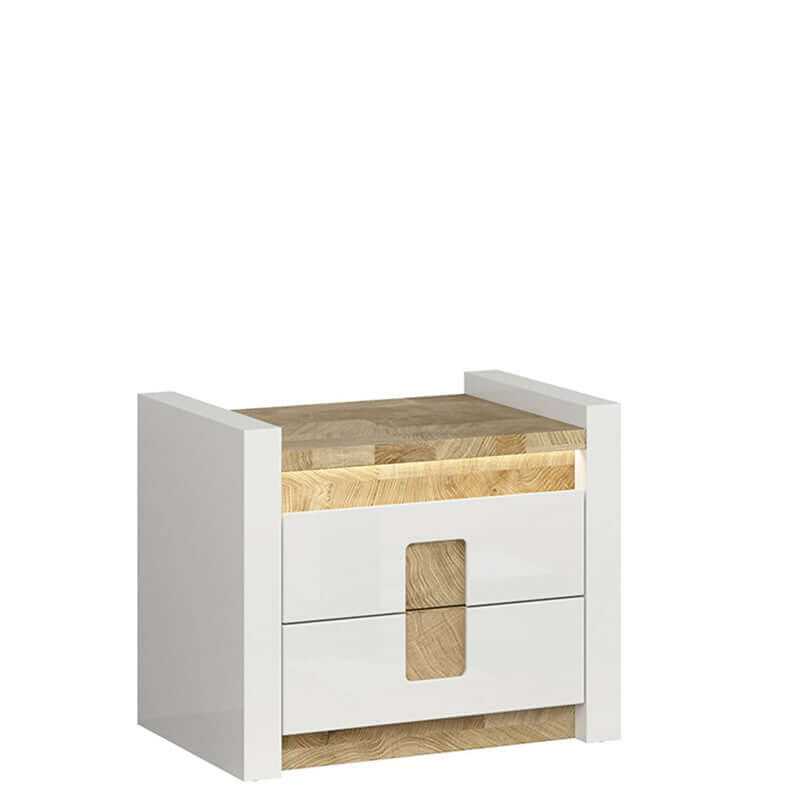 White gloss and Westminster Oak bedside table with 2 drawers and LED lighting
