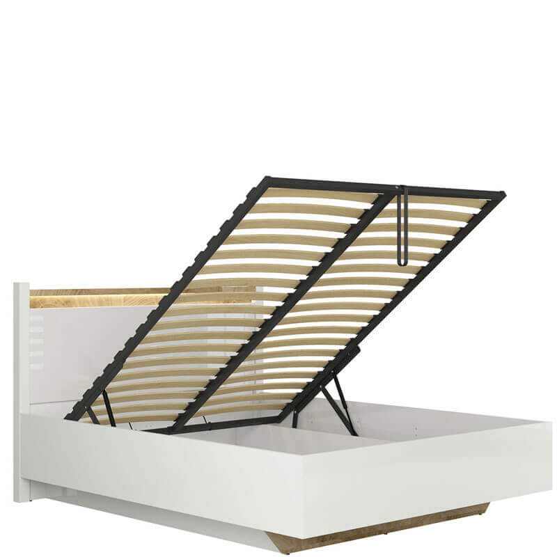 White gloss double bed with LED lift-up storage and wooden slats, modern design, 140x200 cm surface.