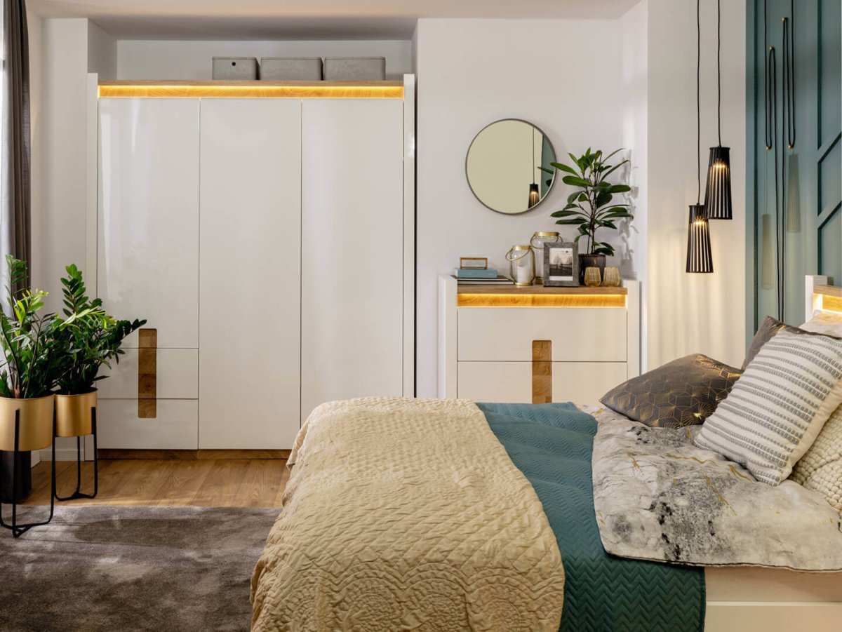 ALAMEDA BRW LOZ/140/B Double High Gloss LED BLACK RED WHITE Bed-White Gloss / Westminster Oak