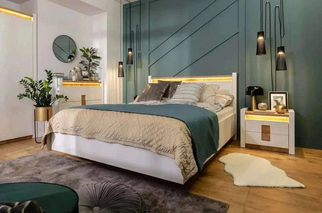 ALAMEDA BRW LOZ/160/A High Gloss King Size LED BLACK RED WHITE Bed-White Gloss / Westminster Oak