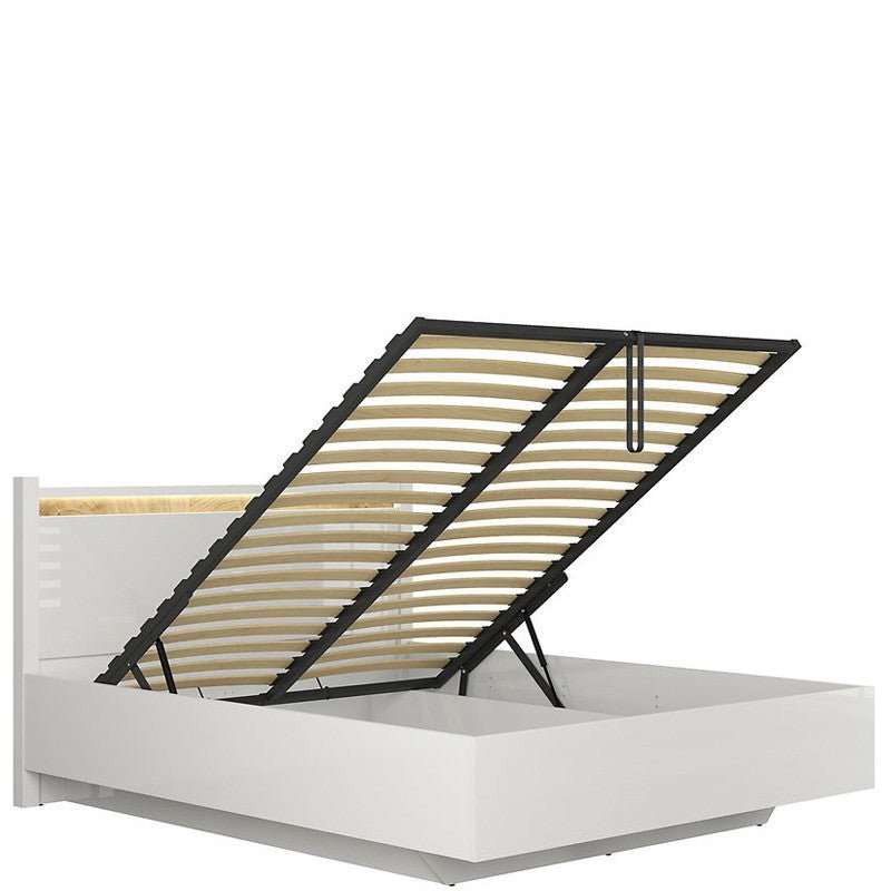 Modern white gloss king size bed with LED lighting and lift-up storage compartment