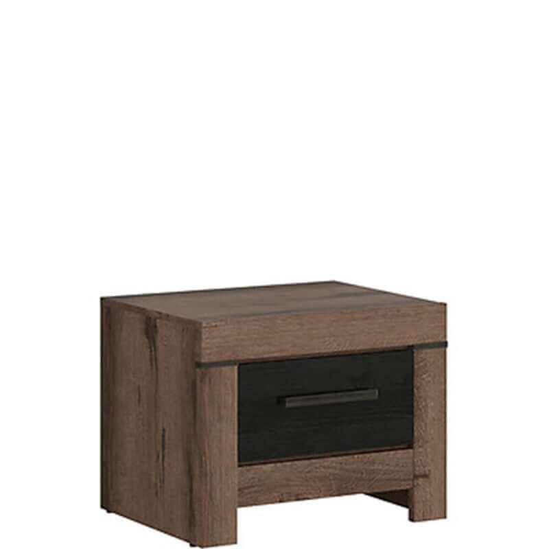 Bedside table with one drawer in Monastery Oak body and Black Oak front, modern design with visible wood grain and thickened sides