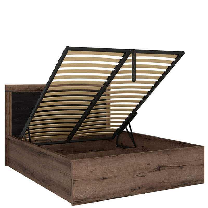 Double bed with lift-up storage compartments and wood grain finish in modern design