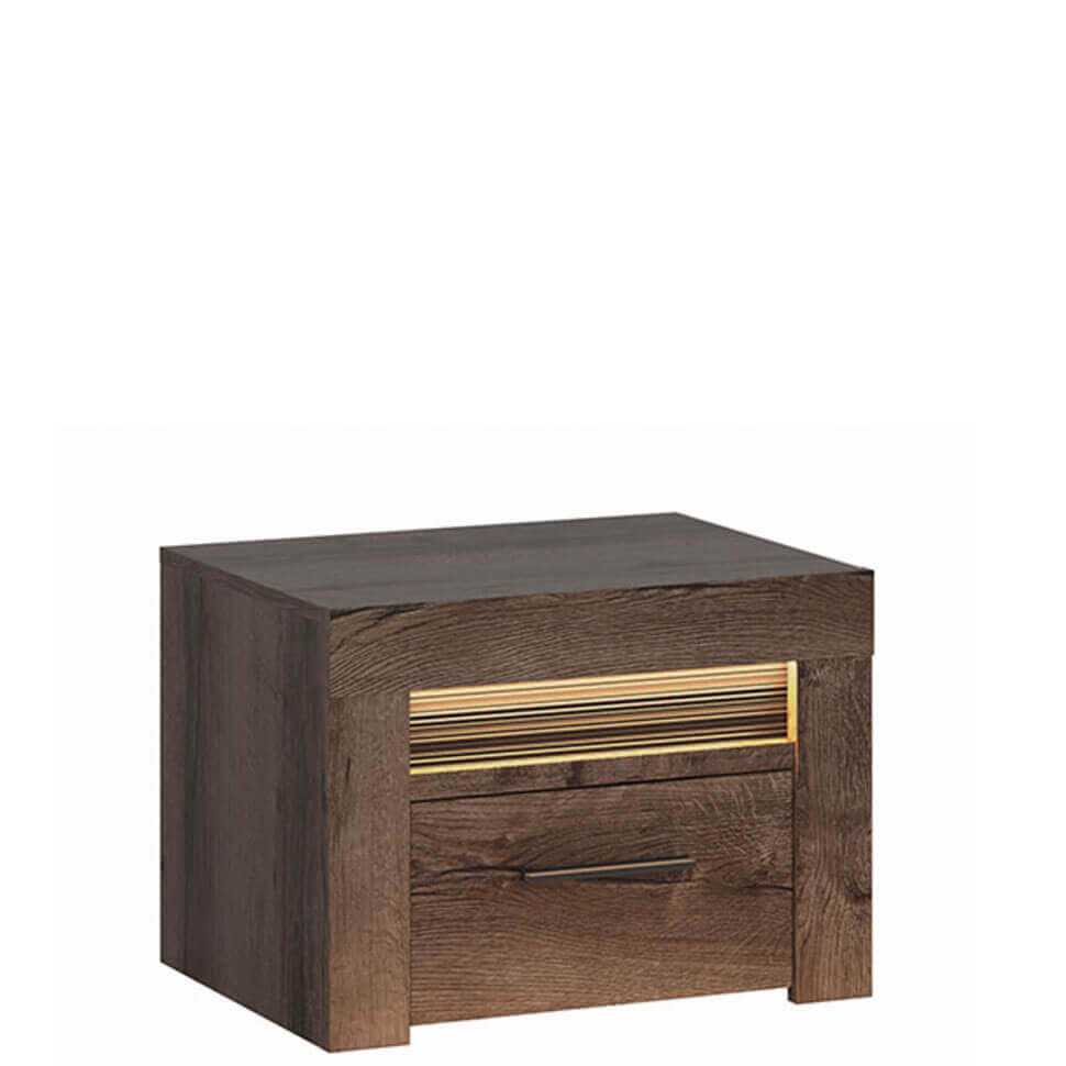 Modern bedside table 1 drawer in monastery oak with LED lighting and black handles