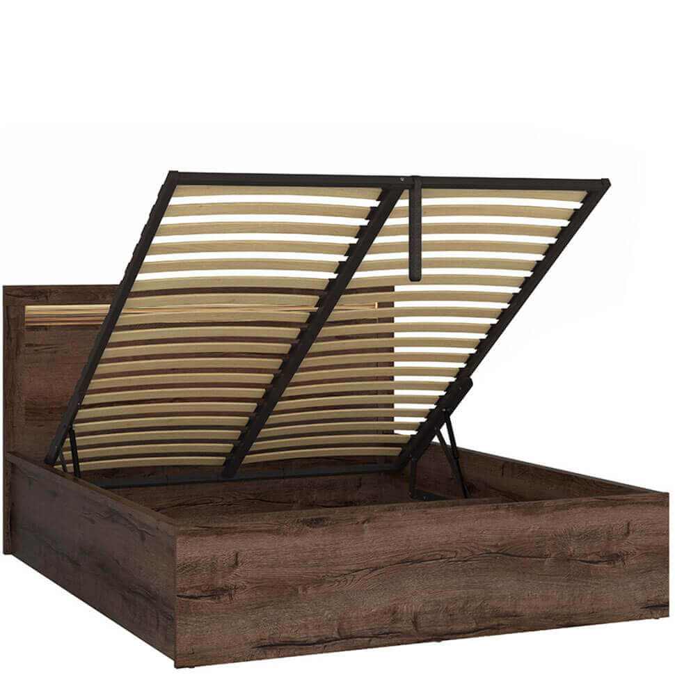 King size bed with LED lighting and lift-up storage in Monastery Oak finish