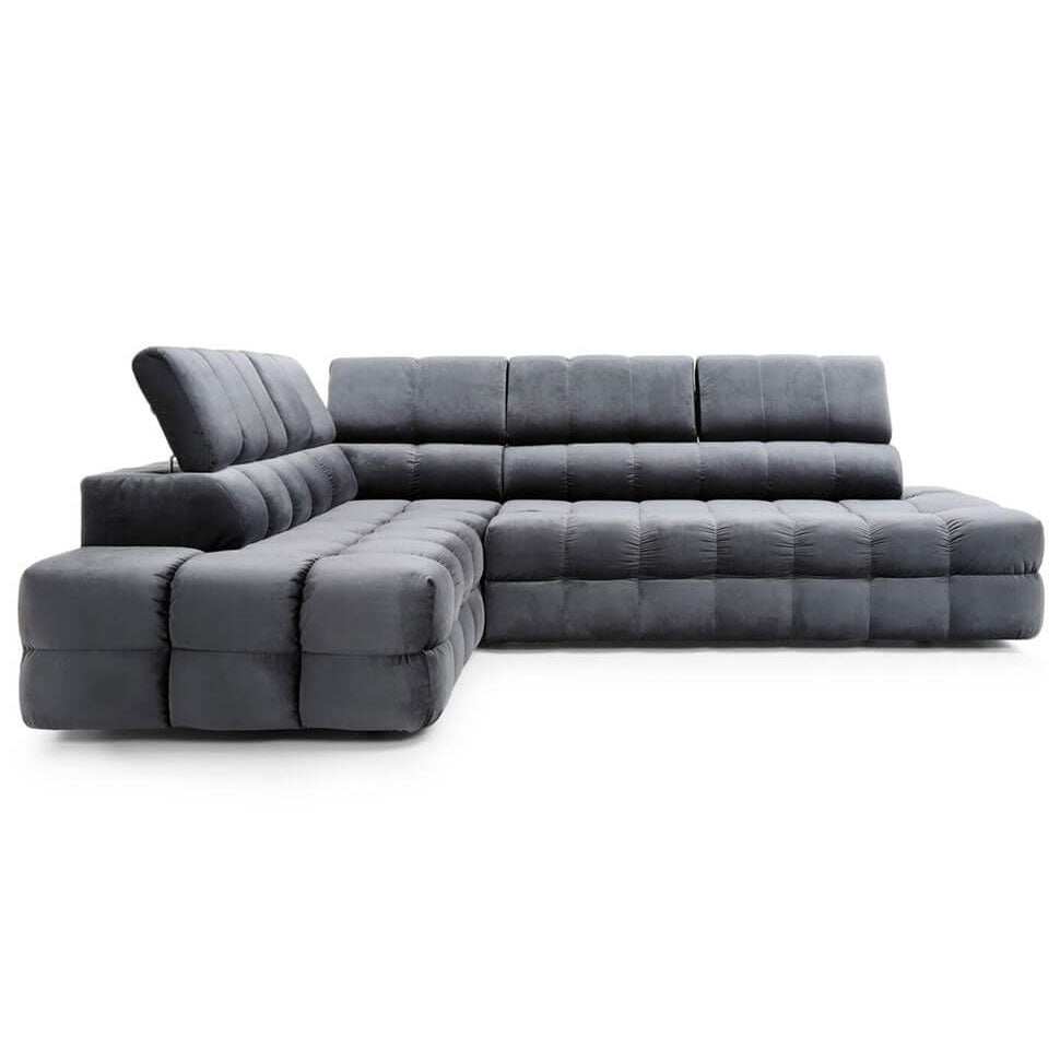 Corner Sofa BUFFALO PUSZMAN in grey pet-friendly fabric with bed function, storage, adjustable headrests, and quilted design