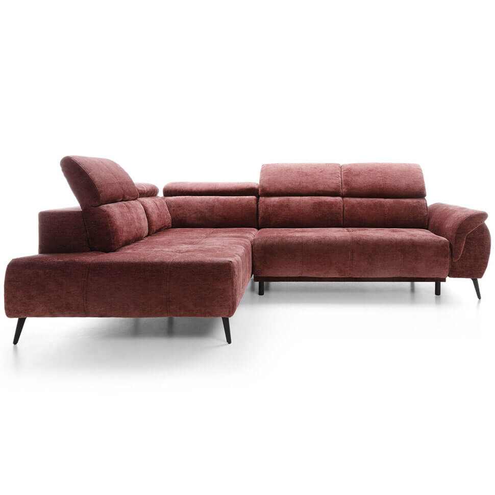 Corner sofa GENOVA II PUSZMAN in burgundy fabric with adjustable headrests, USB port, and extendable seat.