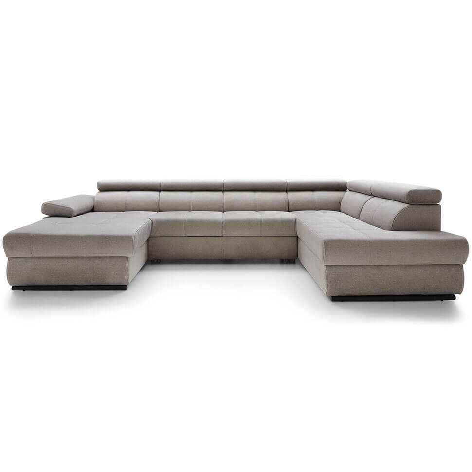 Corner sofa LIZBONA III PUSZMAN in pet-friendly fabric with bed function, storage containers, adjustable headrests, and durable springs for comfort.