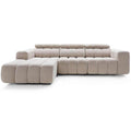 Beige modular corner sofa ZURICH LL-1-1A PUSZMAN with rounded design, vertical seams, high backrests, and adjustable headrests on left corner.