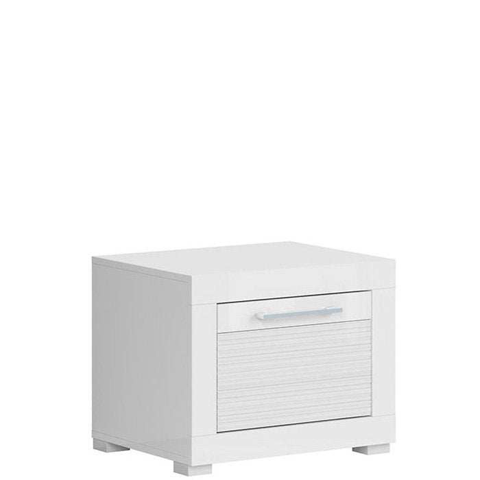 Modern white bedside table with one drawer, high gloss finish, corrugated front, metal handle and legs