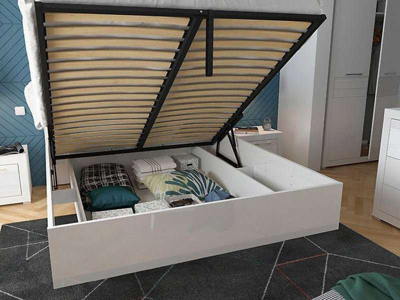 FLAMES BRW LOZ/160/B High Gloss King Size Lift Up Storage BLACK RED WHITE Bed-White / White Gloss