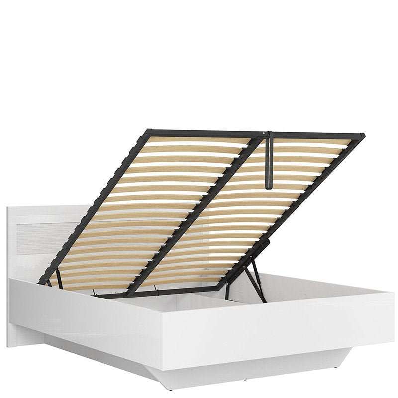 King size bed with high gloss white frame and gas lift storage compartment underneath