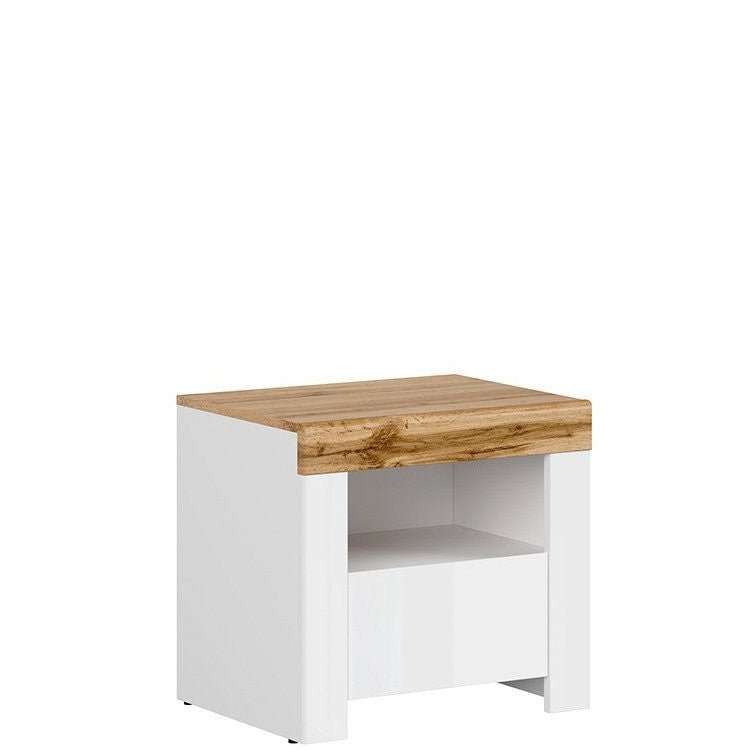 modern bedside table with drawer and open compartment white and oak finish