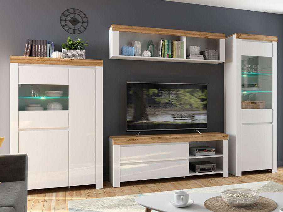Modern living room furniture set with white gloss finish, LED lighting, and wood accents