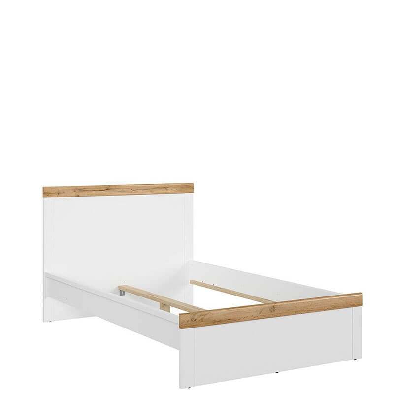 Modern semi double bed in white and wotan oak finish, 120x200 cm sleep surface, wood slats included, flat-packed for easy assembly