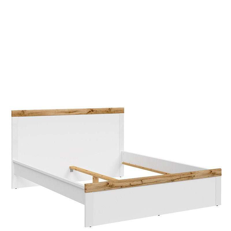 Modern King Size Bed HOLTEN BRW LOZ/160 in white and Wotan oak with high headboard and wooden slats, flat-packed for home assembly
