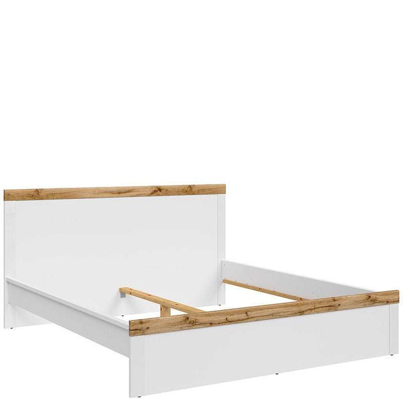 Super King Size Bed with white and Wotan oak chipboard frame and high headboard, modern design, without mattress