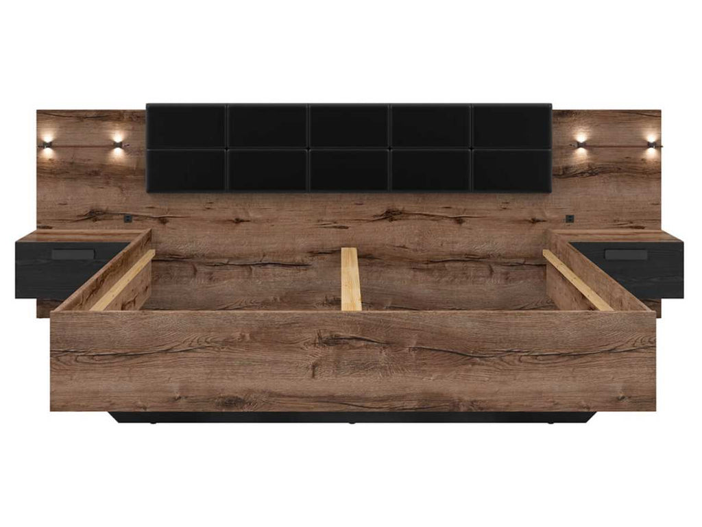 Super King Size Bed with built-in drawers and LED-lit bedside shelves in Monastery Oak and Black Oak finish