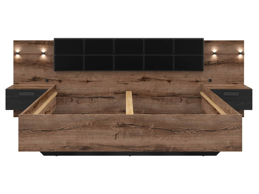 KASSEL BRW LOZ/180/A 2 Drawer Built-in Bedside LED BLACK RED WHITE Bed-Monastery Oak / Black Oak