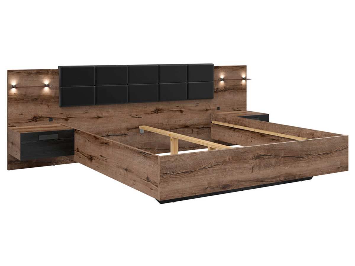 KASSEL BRW LOZ/180/A 2 Drawer Built-in Bedside LED BLACK RED WHITE Bed-Monastery Oak / Black Oak