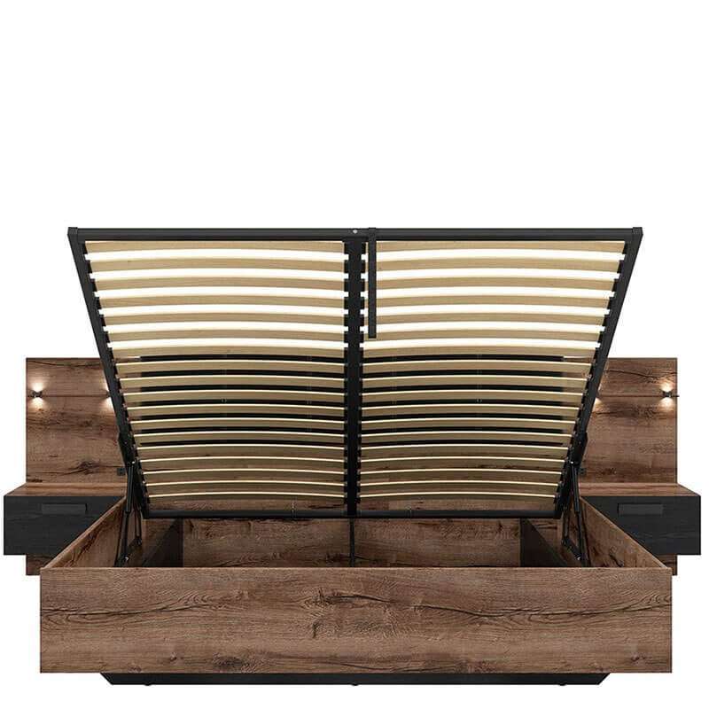 Super King Size Bed with built-in bedside tables, LED lighting, storage drawers, and lifting mechanism in Monastery Oak and Black Oak finish