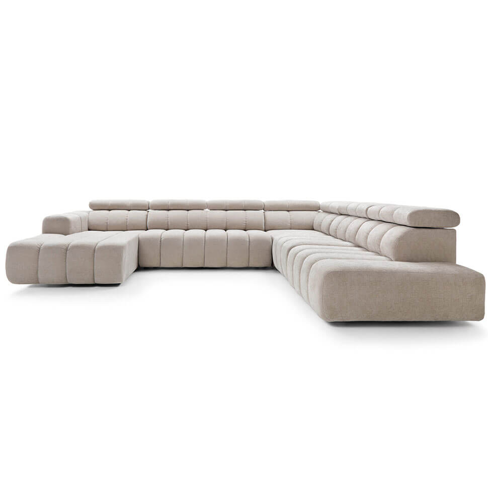 Modern beige modular corner sofa ZURICH with rounded design and adjustable headrests