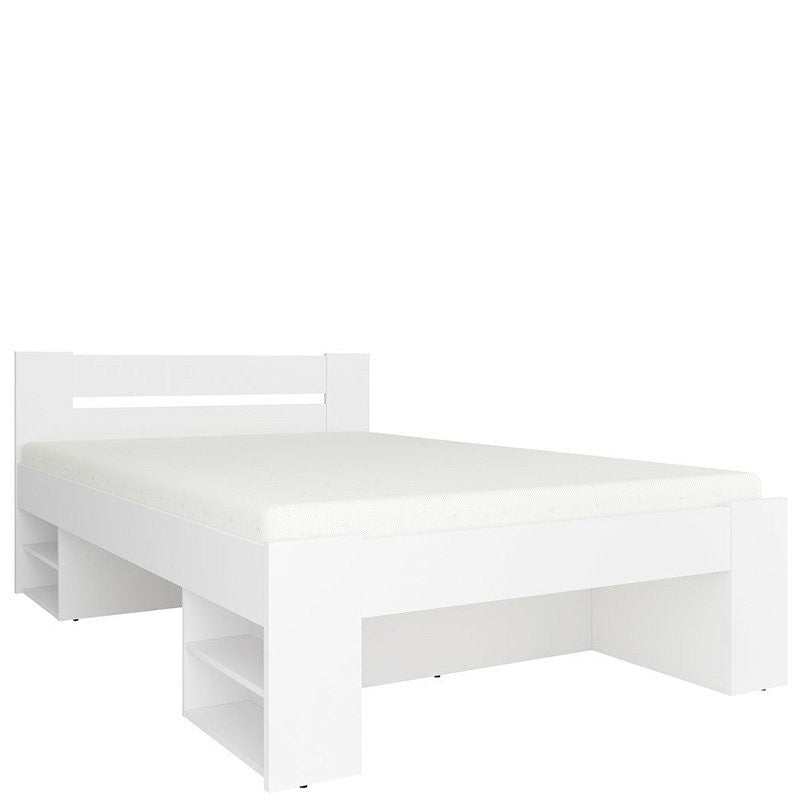 Modern white double bed with high headboard and wooden slats, minimalist laminated chipboard design