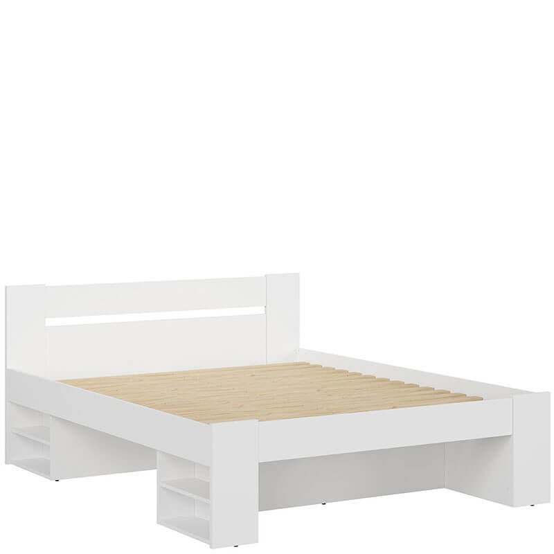 Modern king size bed NEPO PLUS in white with high headboard and wooden slats, minimalist design