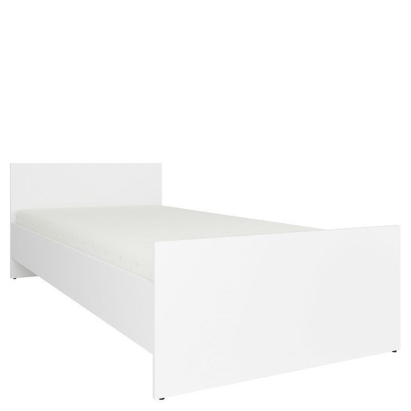 White minimalist single bed NEPO PLUS with practical headboard and wooden slats, flat-packed for easy assembly
