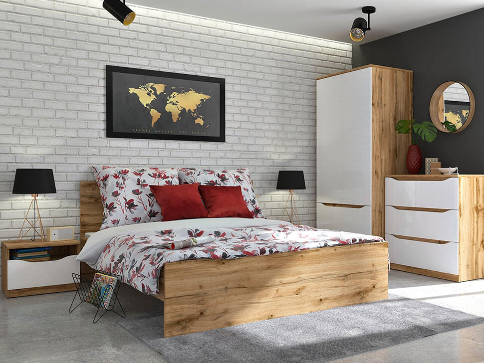 NUIS BRW KOM1S 1 Drawer High Gloss BLACK RED WHITE Bedside Table-Wotan Oak / White Gloss