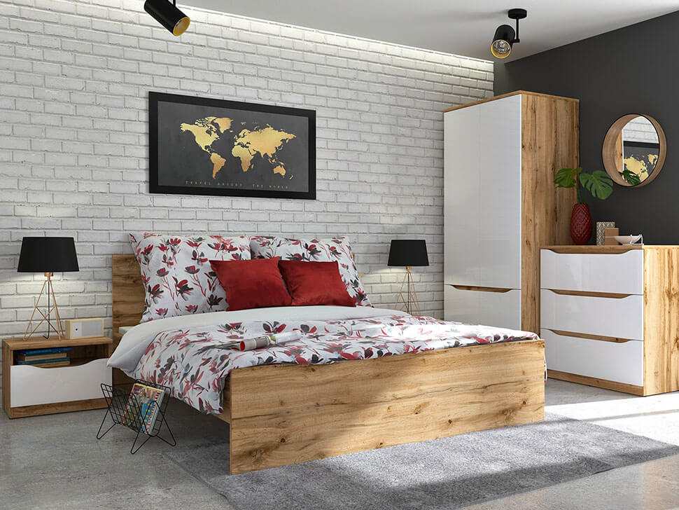 NUIS BRW KOM1S 1 Drawer High Gloss BLACK RED WHITE Bedside Table-Wotan Oak / White Gloss