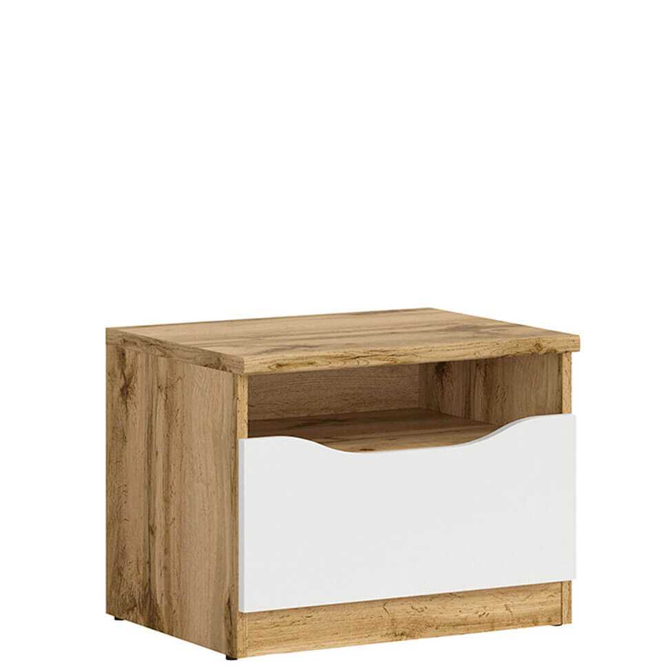 Modern bedside table with one drawer and open compartment in Wotan Oak and white gloss finish