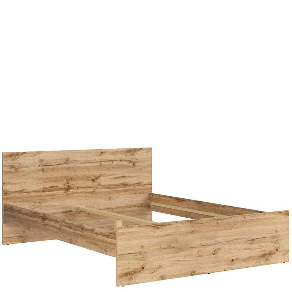 King size bed in Wotan Oak laminated chipboard with simple modern design and wooden slats, excluding mattress.
