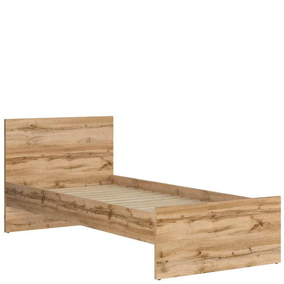 Single Bed NUIS in Wotan Oak with wooden bed slats and modern laminated chipboard design