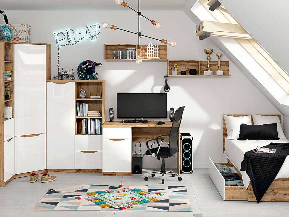 NUIS BRW LOZ/90-SZU Single with Storage BLACK RED WHITE Bed-Wotan Oak / White Gloss